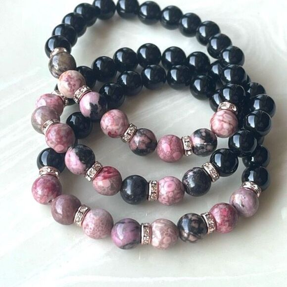 Rose coral jasper rhodonite obsidian ONE stretch bracket NEW handmade rhinestone - Picture 1 of 11
